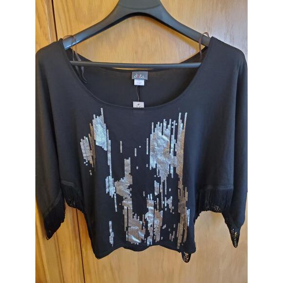 Dots Tops - Dots Brand Womens L Black Top Fringe On The Sides